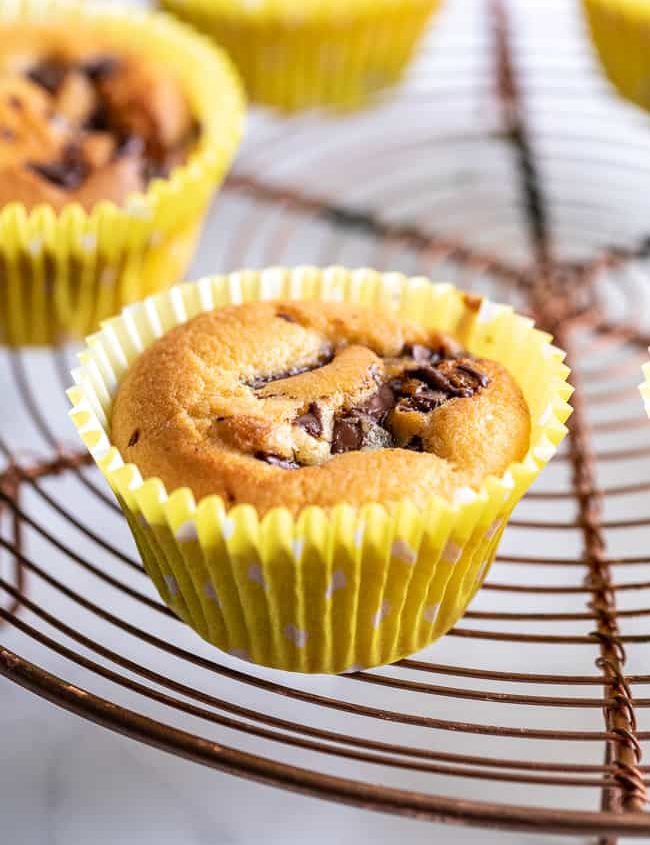 chocolate chip muffin on wire rack